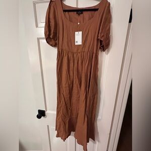 Quince 100% Linen Puff Sleeve Midi Dress | NWT | Size L | Terracotta